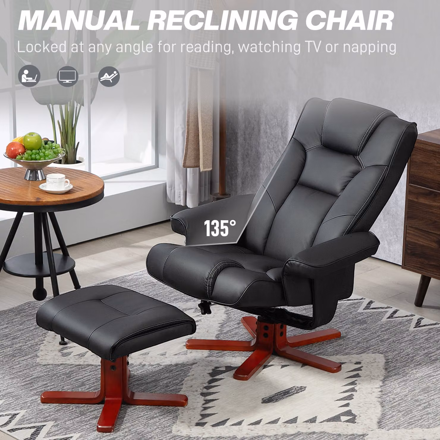 HOMCOM Black Synthetic Leather Recliner Chair with Ottoman, High Back, Armrests and Rocking Function – 4