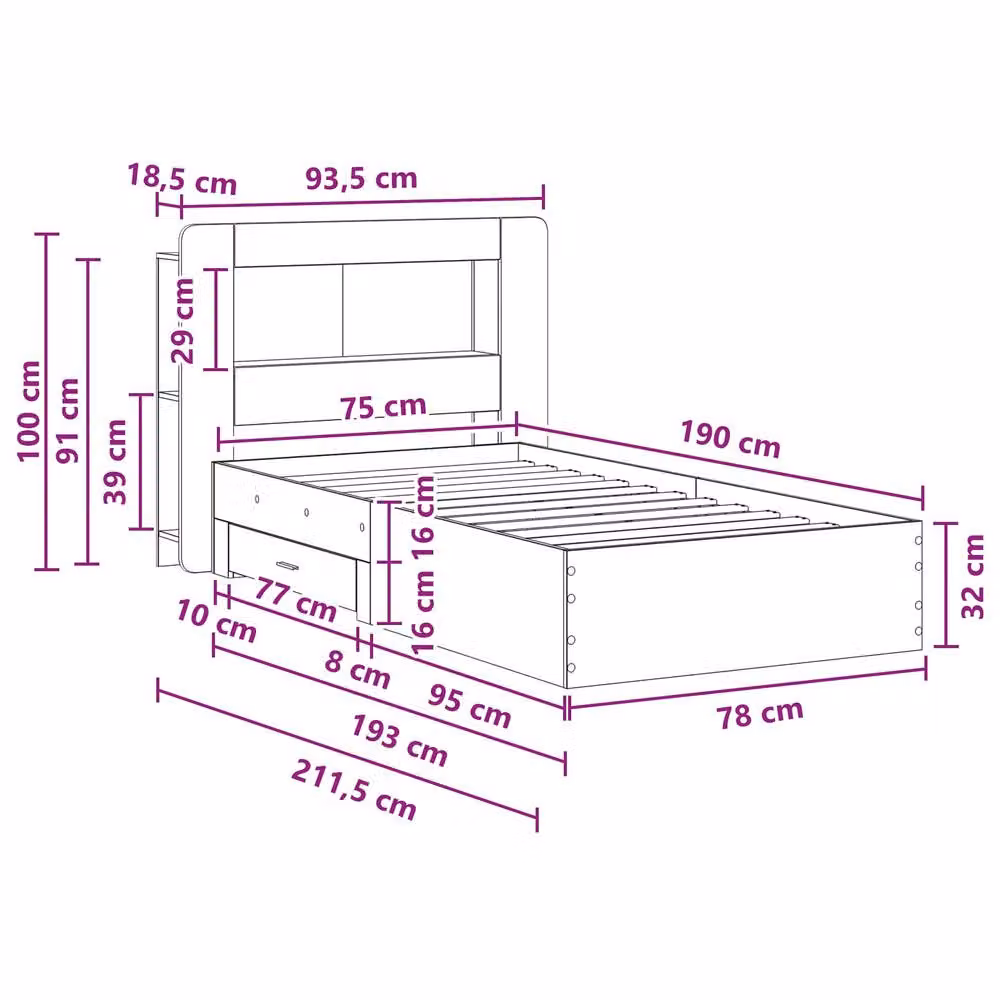 Berkfield Home Modern Bed Frame with Storage Drawers in Smoked Oak Brown, W: 75 cm, L: 190 cm – 5