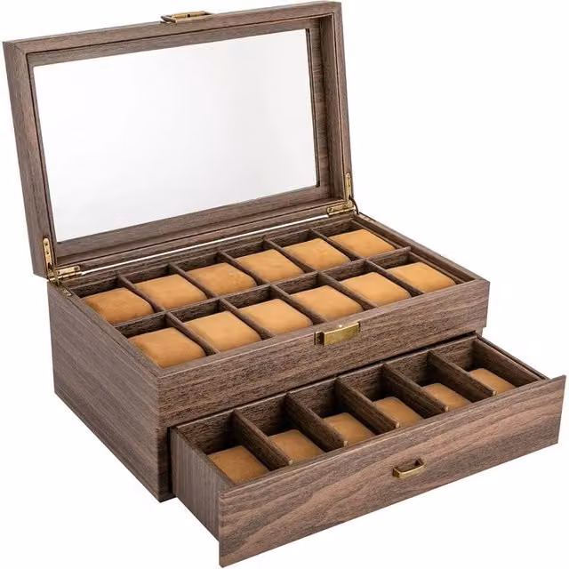 FLAVORA 24 Slot Wood Grain Watch Box Display Case in Brown