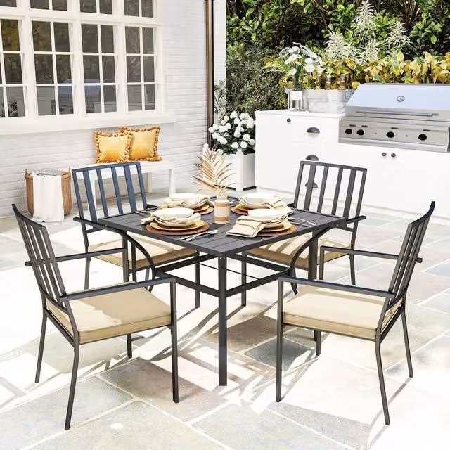 OUTSUNNY Garden Dining Set with 4 Stackable Cushioned Chairs and Matt Black Metal Square Table – 1