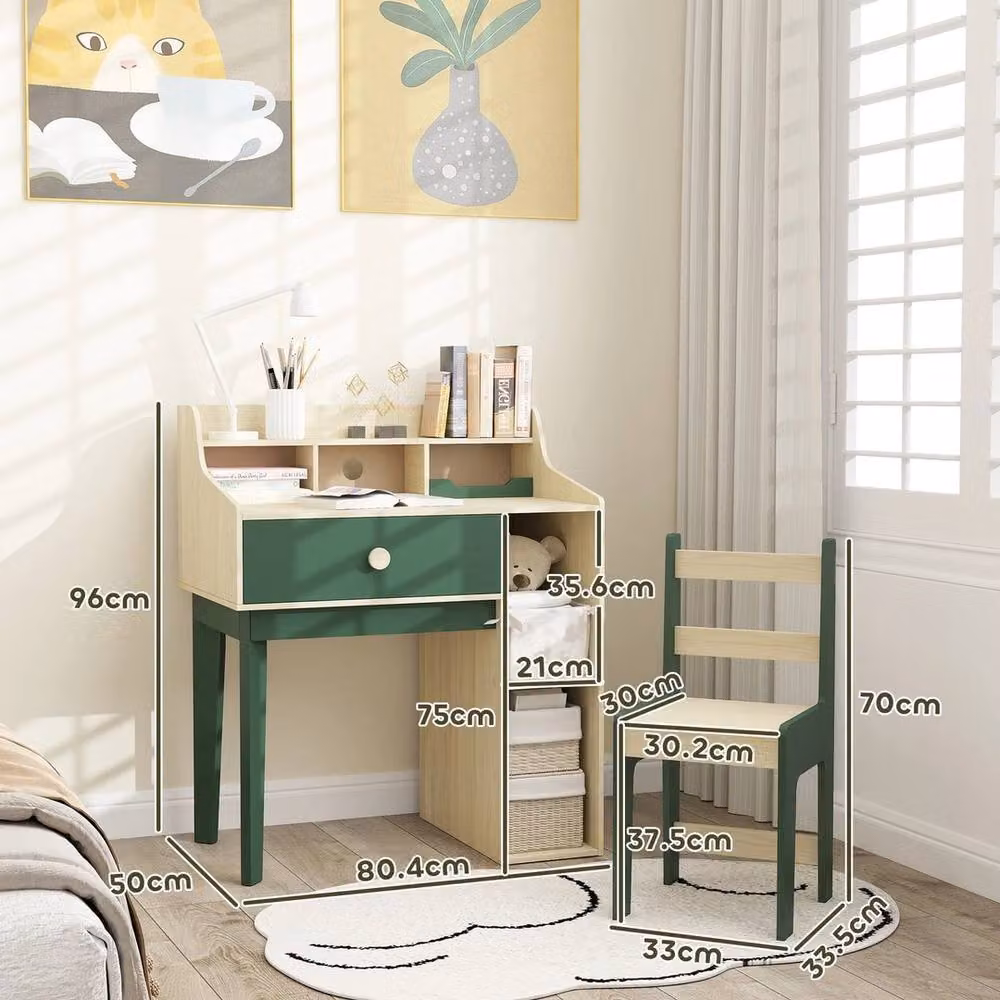 Havendro Childrens Desk, Chair and Storage Shelf Set in Green and Multicolour – 2