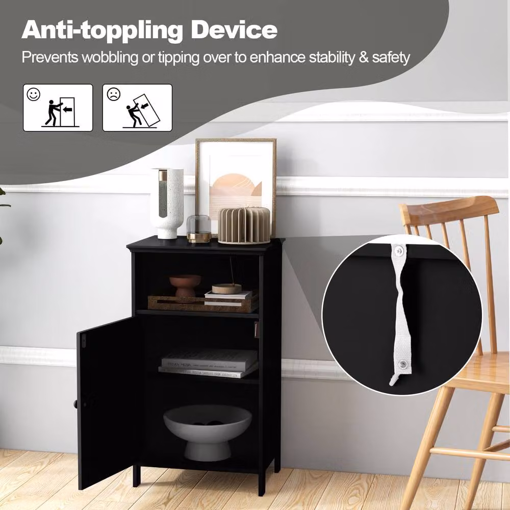Gymax Black Lacquered Freestanding Bathroom Floor Cabinet with Single Hinged Door and Internal Shelves – 5