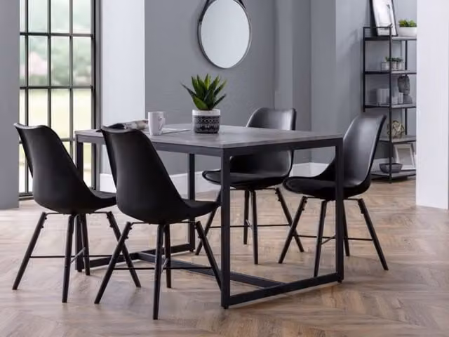 Julian Bowen Staten Concrete Effect Dining Table and 4 Kari Black Chairs, Grey and Black, W/D/H: 120 x 80 x 75 cm