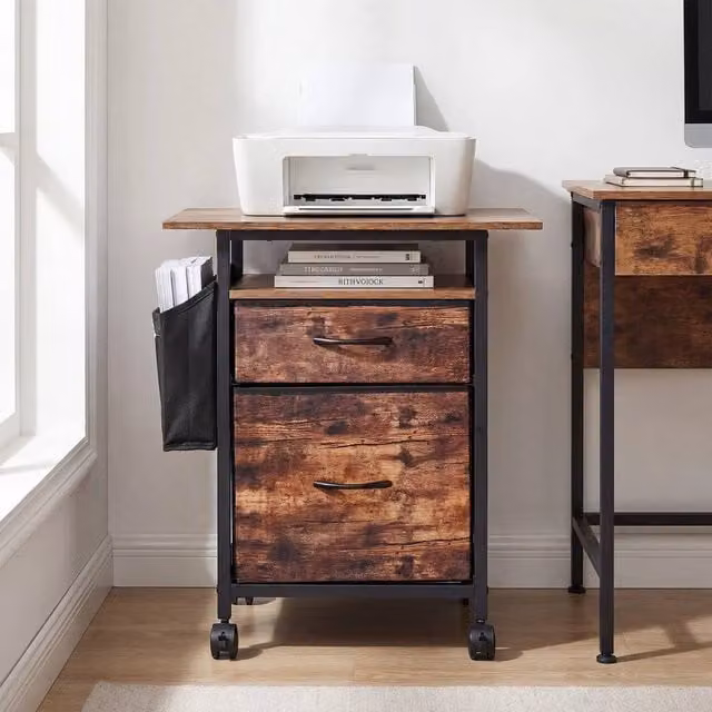 EONLION 2-Drawer Mobile File Cabinet and Rolling Printer Stand in Brown
