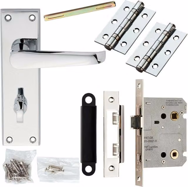 Loops Victorian Straight Door Handle and Bathroom Lock Pack in Chrome, Backplate W: 150 mm, H: 43 mm