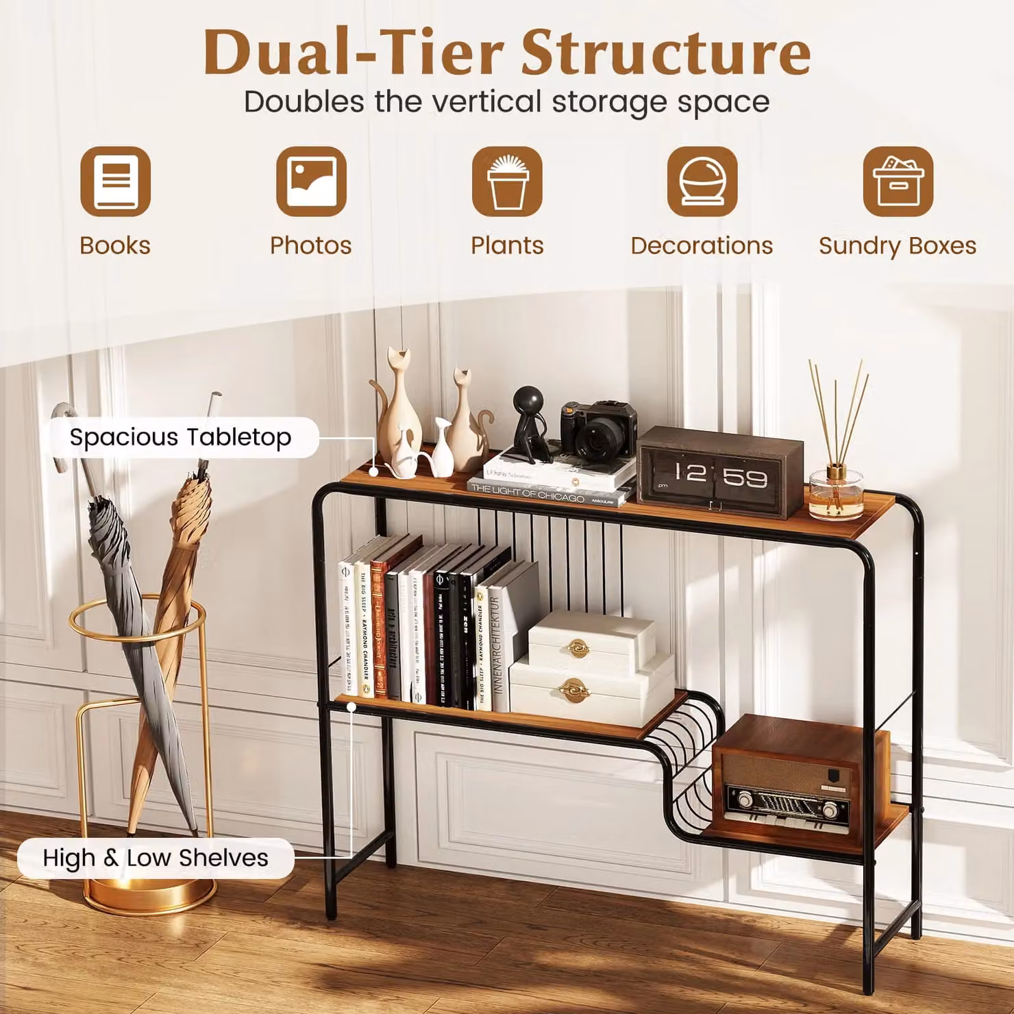 Costway Console Table with Storage Shelf and Metal Frame in Coffee Walnut – 3