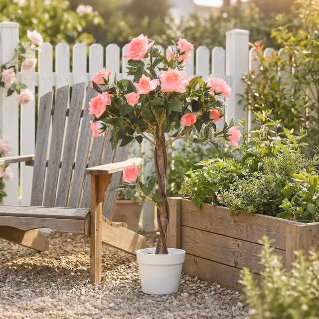 Outsunny Artificial Pink Rose Tree with 21 Flowers and Concrete Pot, Height: 90 cm – 2