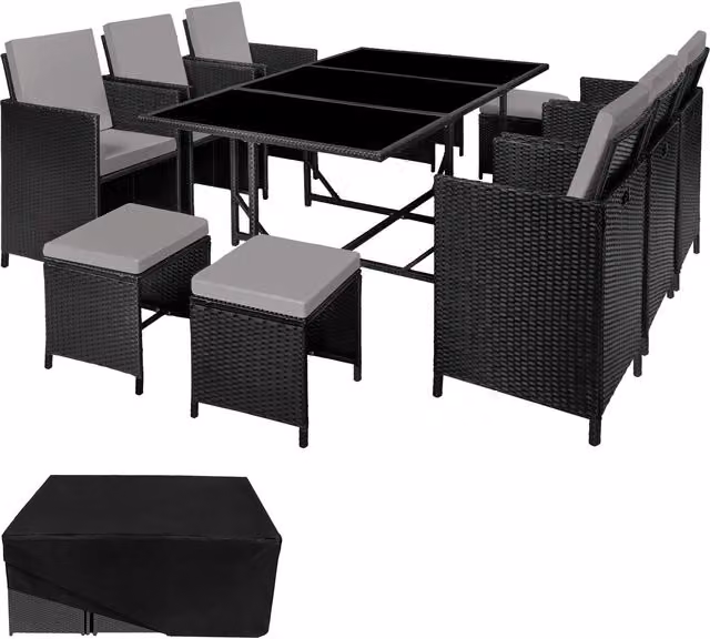 tectake Modern Rattan Garden Furniture Set with Glass Top in Black and Grey – 10