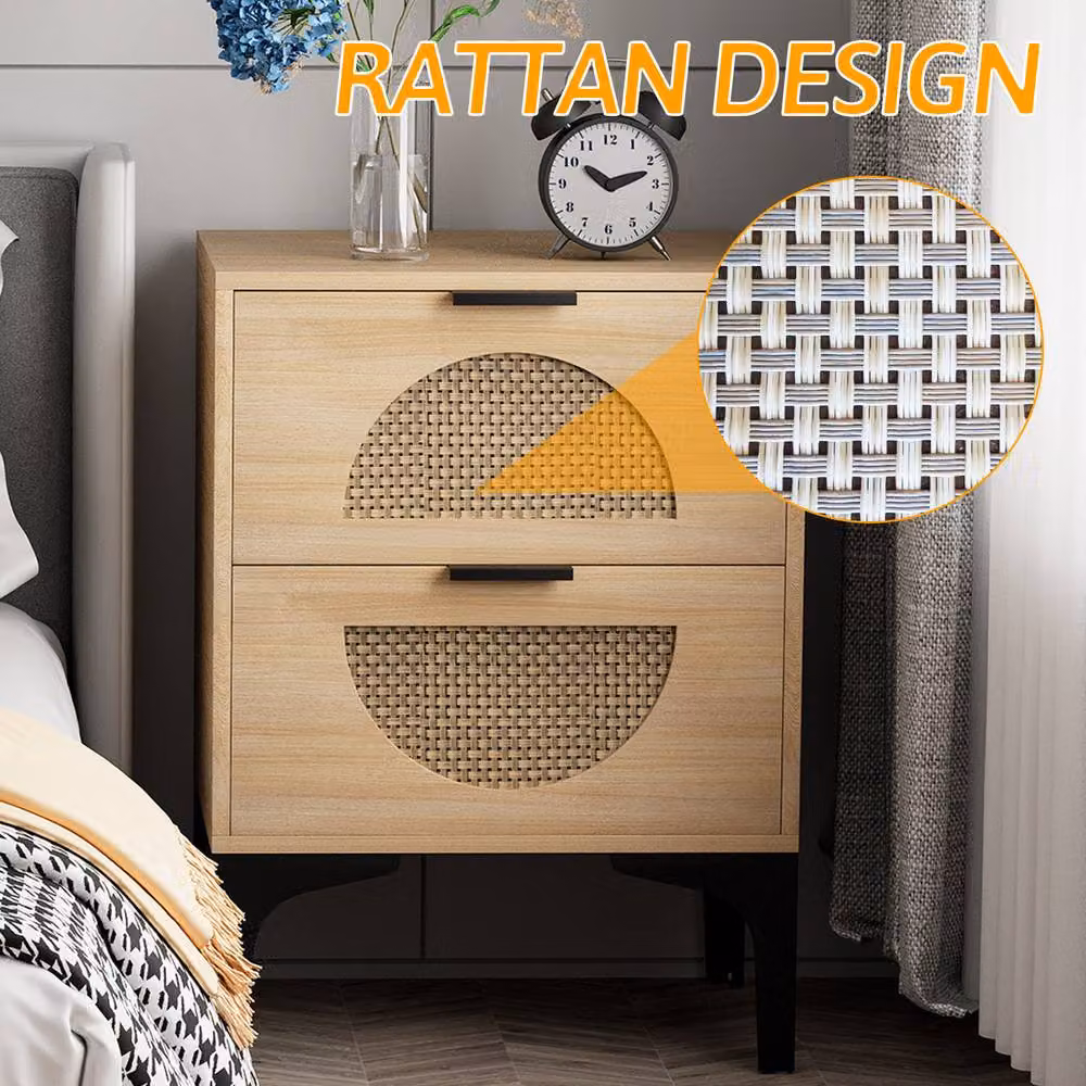 Huhote Boho Bedside Table Set of 2 with Rattan Drawers in Brown – 5
