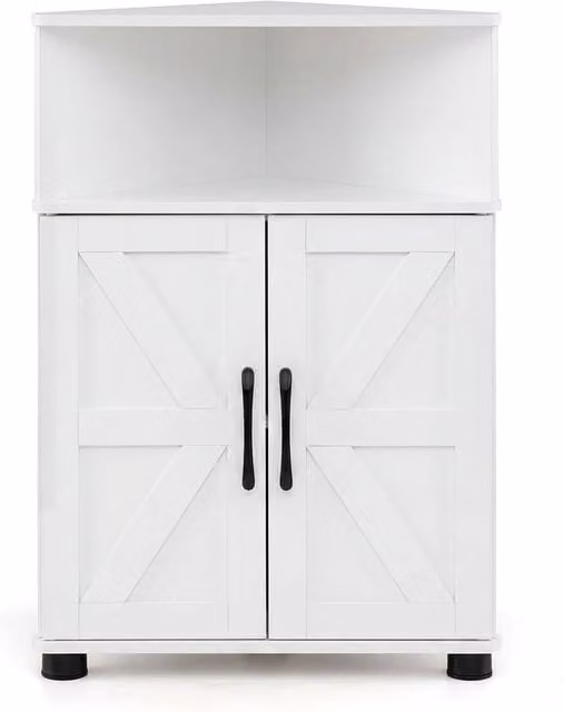 Costway White Farmhouse Corner Bathroom Storage Cabinet with Hinged Doors and Internal Shelves – 1