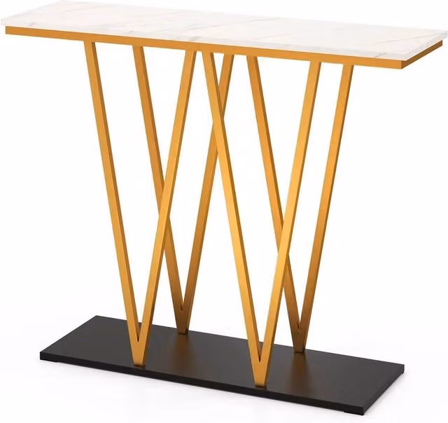 KORVIXA Modern Accent Console Table with Faux Marble Top and Gold Metal X-Frame, W/D/H: 100 x 100 x 100 cm – 1