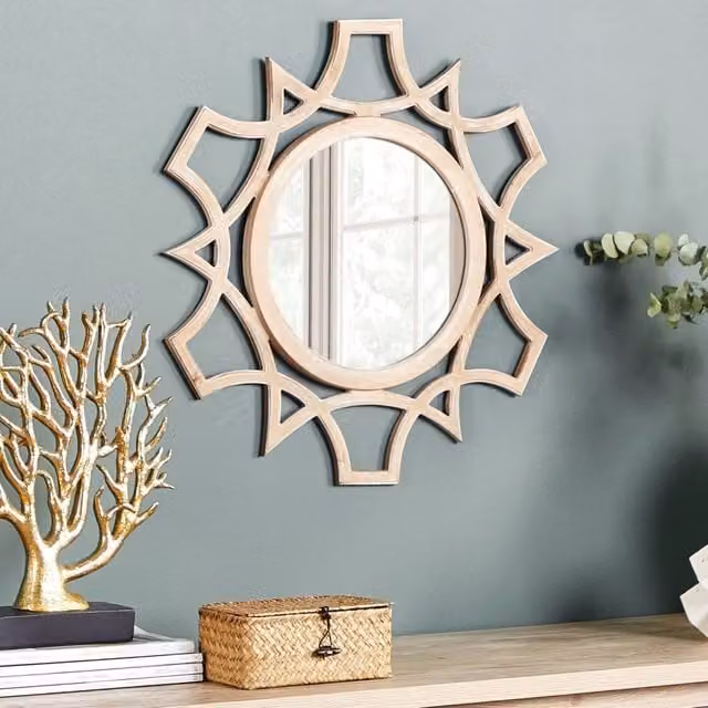 Wyld and Coco Round Openwork Scandinavian Wall Mirror in Brown, Diameter: 60 cm – 1