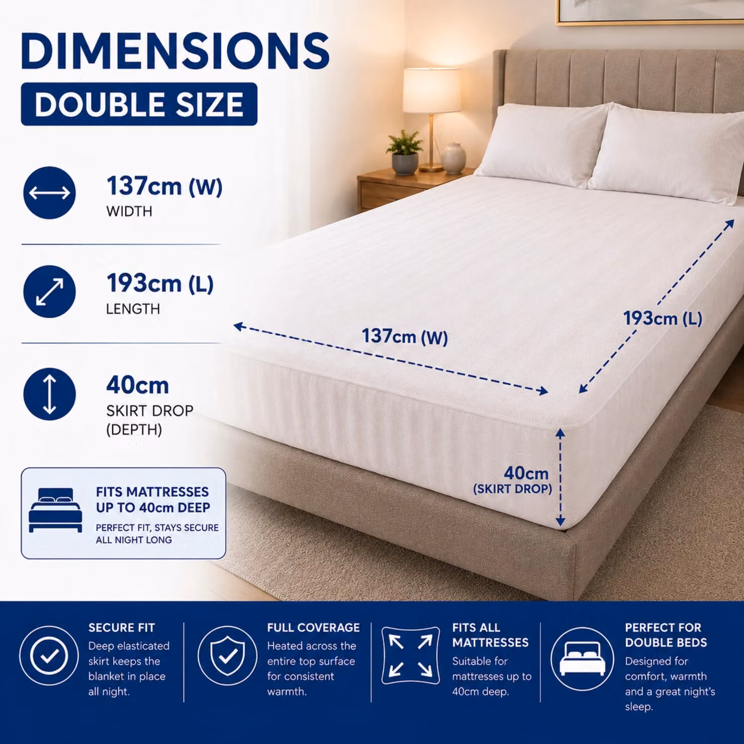 Sweet Dreams Double Bed Size Heated Fitted Mattress Cover in White, W/D/H: 140 x 200 cm – 2