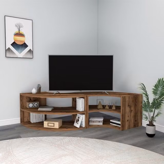 Destina Home Melitta Corner TV Stand with Shelving Unit in Light Walnut and Brown