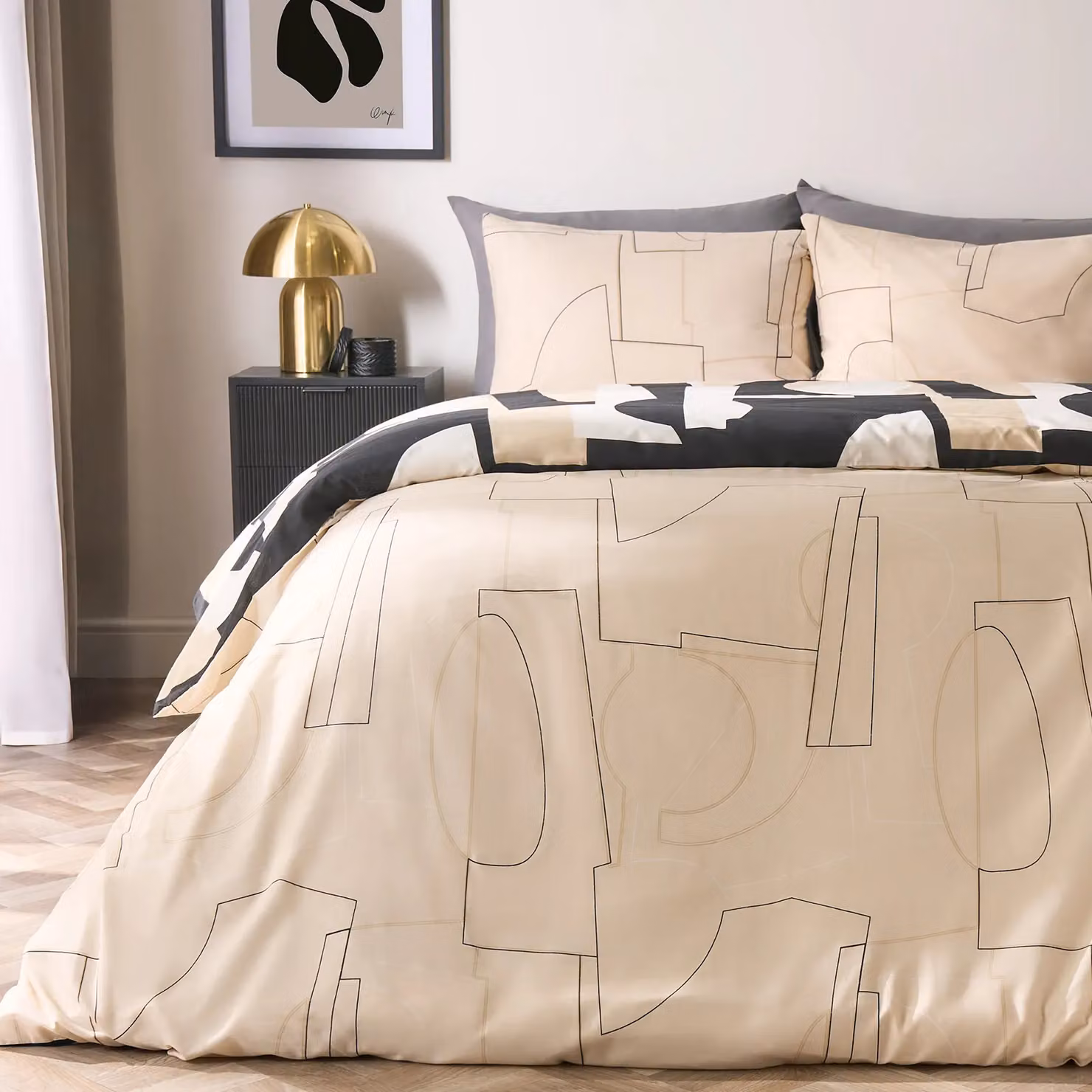 OHS Geo Shapes Double Bedding Set in Black and Beige, including Reversible Duvet Cover and Pillowcases – 7