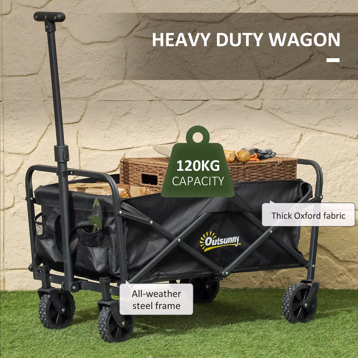 Outsunny 62L Heavy Duty Folding Festival Trolley with Adjustable Handle and Carrying Bag, Black – 4