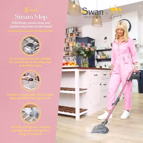 Swan Queen of Clean 16-in-1 Steam Mop with Wall Mount, Pink – 2