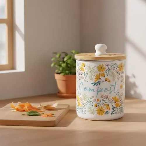 Purely Home Yellow Daisies Metal Compost Caddy with Removable Inner Bucket and Odour Filter, 2L – 2