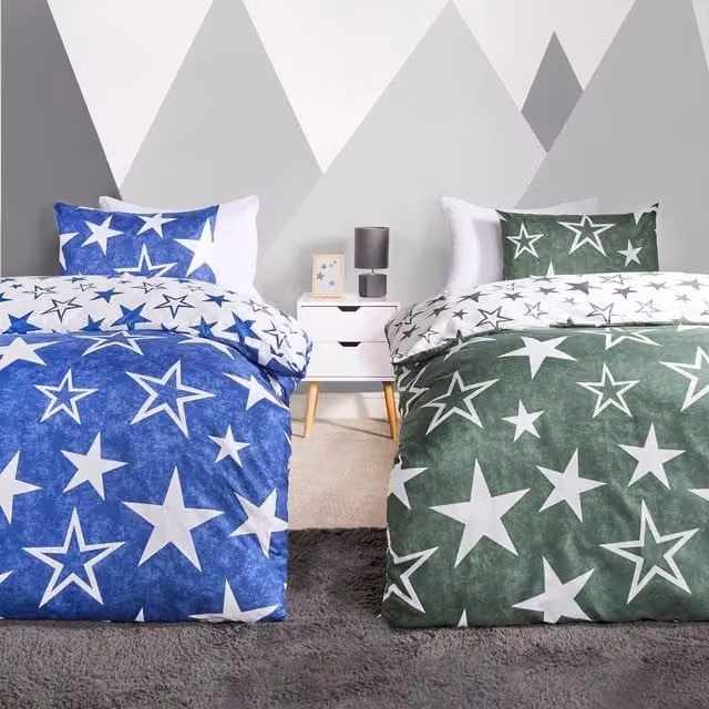 OHS Reversible Twin Pack of Star Childrens Duvet Cover Sets in Green, Blue and White