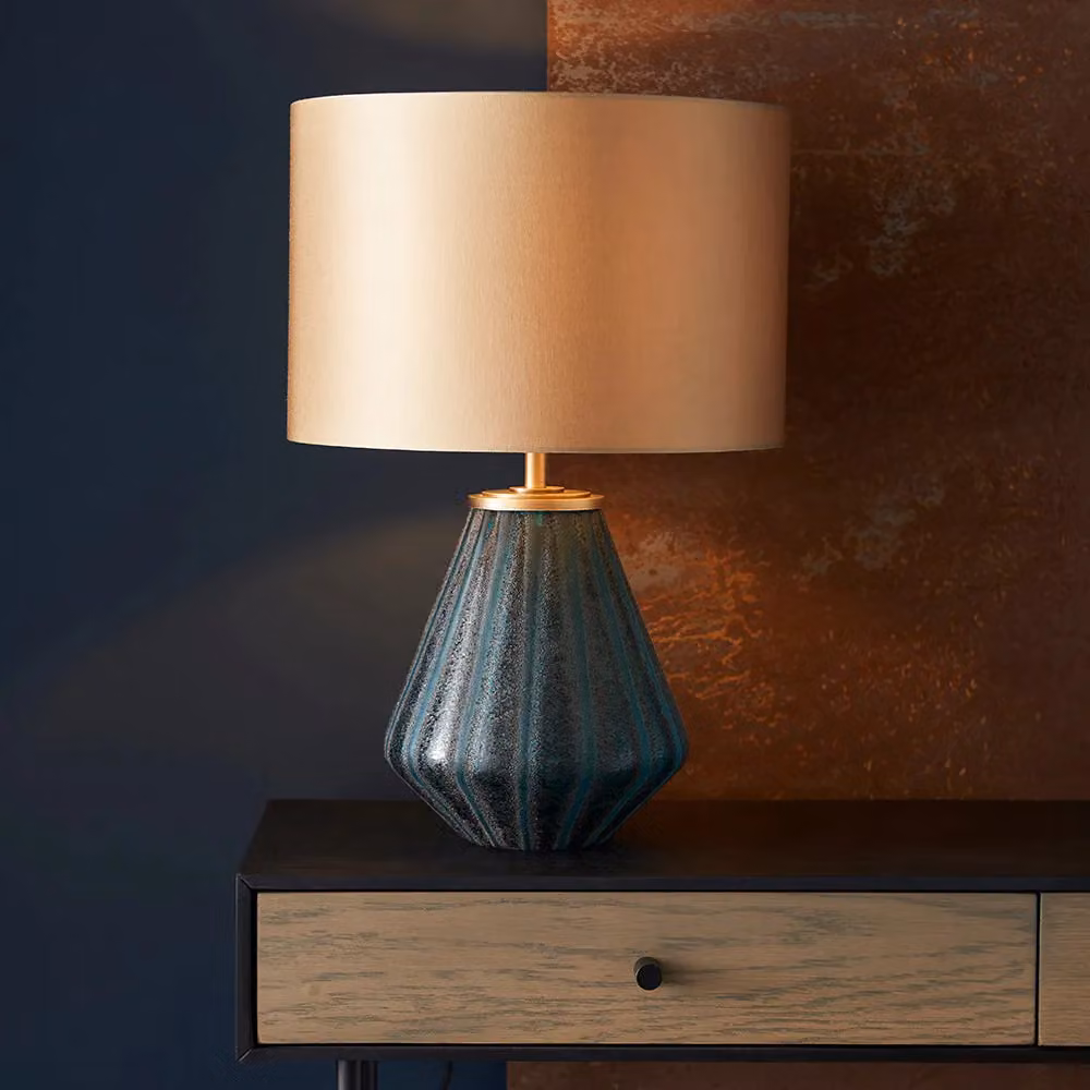 Loops 2 Pack Turquoise Glass Base Table Lamps with Gold Fabric Shades and Black Details – 3