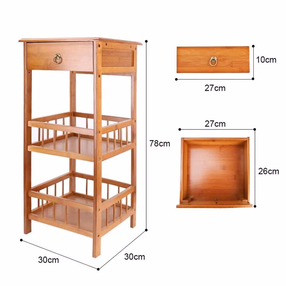 VOGREX 3-Tier Bamboo Side Table with Drawer in Light Brown – 2