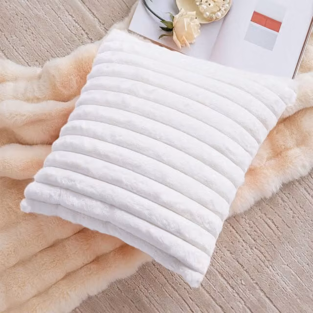 Livingandhome White Plush Striped Square Scandinavian Sofa Throw Pillow