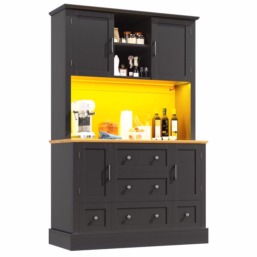 BTM Black Tall Kitchen Snack Cabinet and Sideboard with Integrated Lighting, H 180 x W 40 x D 40 cm – 3