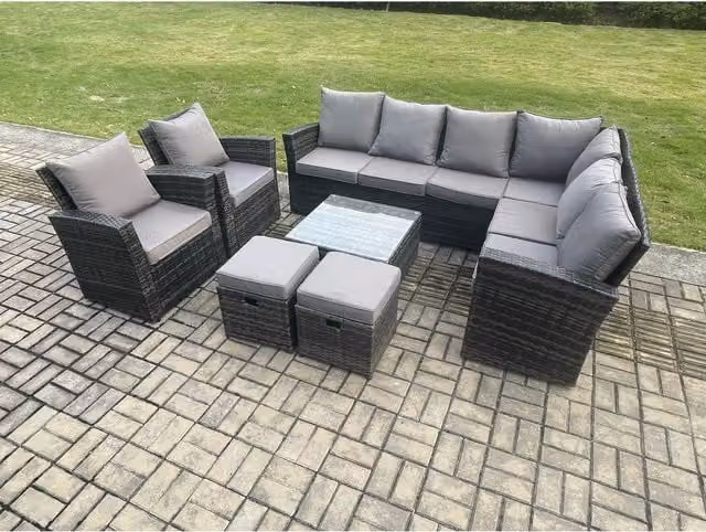 Fimous 10-Seat Dark Grey Mixed Rattan L-Shape Corner Sofa Set with Coffee Table, 2 Armchairs and 2 Ottomans