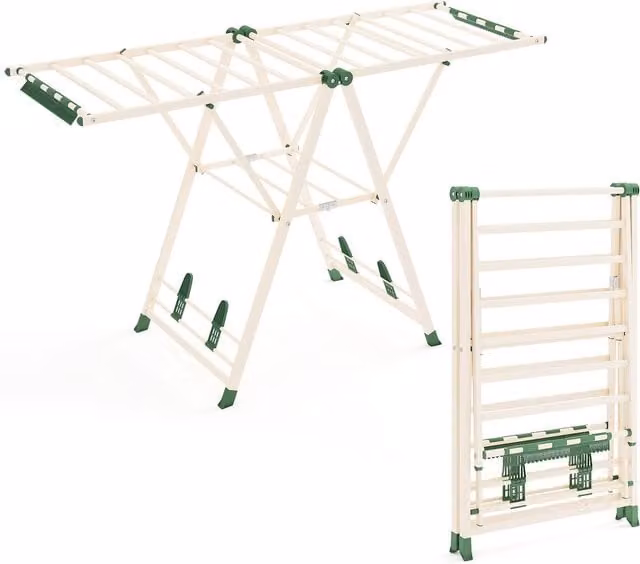 Costway Foldable Metal Clothes Drying Rack with Wing Arms in Beige and White