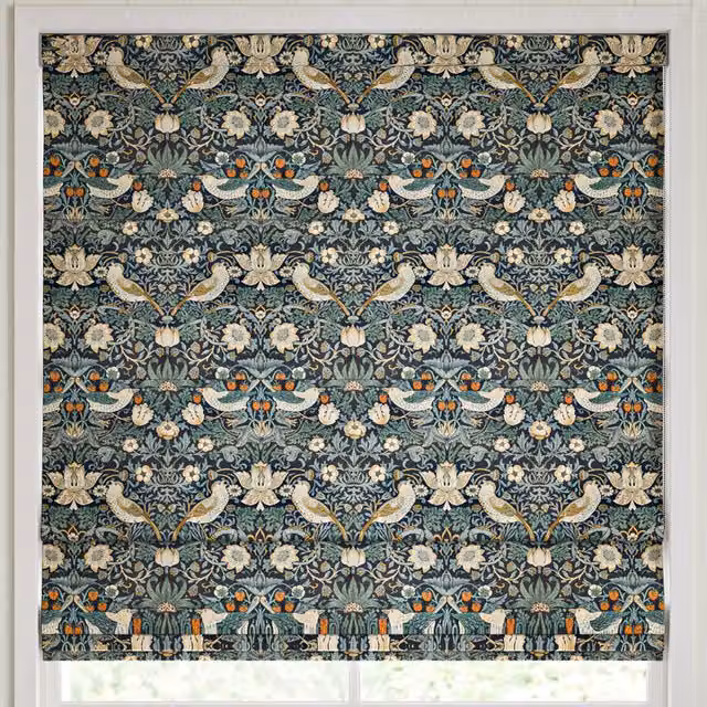 William Morris At Home Strawberry Thief Floral Velvet Made to Measure Roman Blind in Indigo Blue