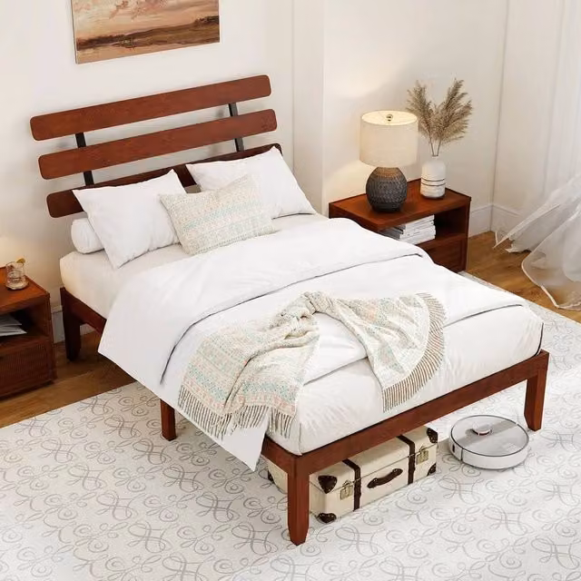 KORVIXA Double Size Solid Wood Platform Bed Frame in Walnut Brown, 140 x 200 cm