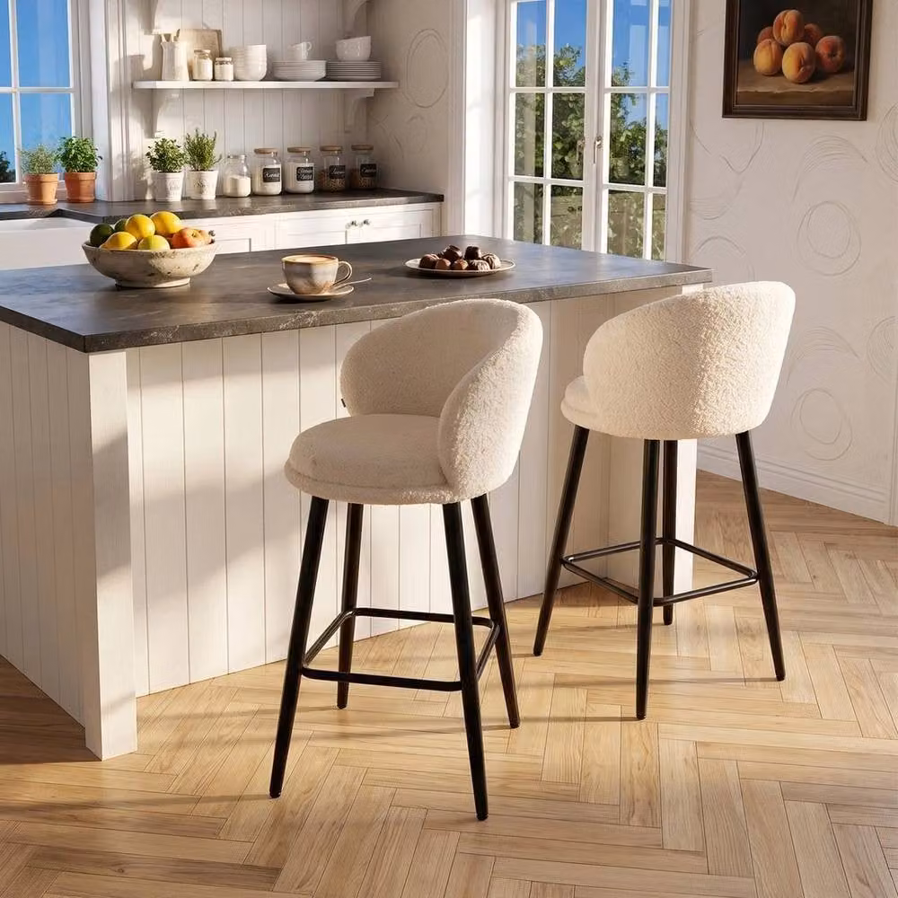 KORVIXA Set of 2 Modern Faux Lambskin Upholstered Bar Stools in White with Metal Frame – 3