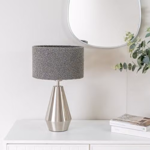 ValueLights Silver Metal Touch Dimmer Table Lamp with Grey Fabric Shade and LED Bulb – 2