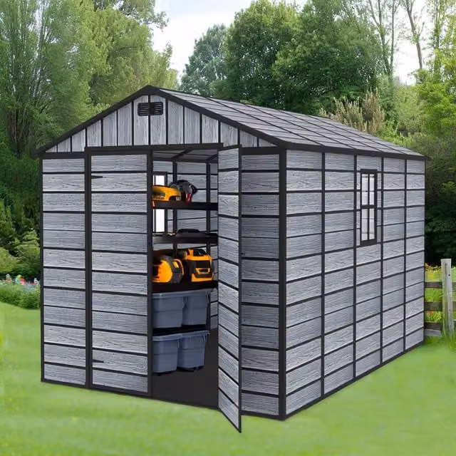 BIRCHTREE Grey Plastic Garden Shed with Wood Grain Effect and Window, W/D/H: 325 x 230 x 226.5 cm