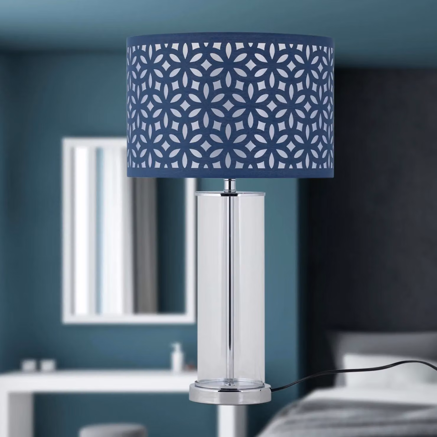 First Choice Lighting Aura Chrome Table Lamp with Blue Shade – 4