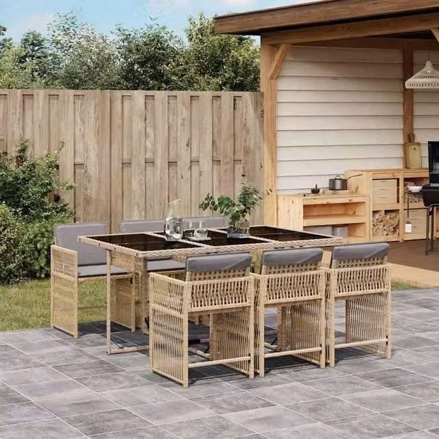 Berkfield Modern Extendable Garden Dining Set in Beige PE Rattan with Glass Top