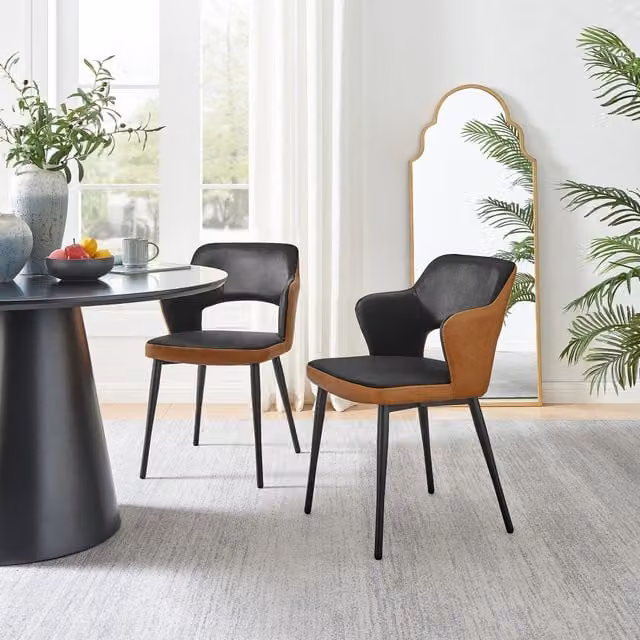 FurnitureboxUK Kai Set of 2 Black Velvet and Tan Faux Leather Dining Chairs