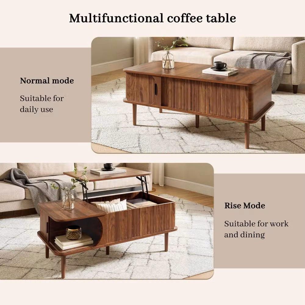 Merax Modern Lift Top Coffee Table with Sliding Door Storage in Walnut Brown, W: 100 cm, D: 60 cm, H: 48 cm – 3