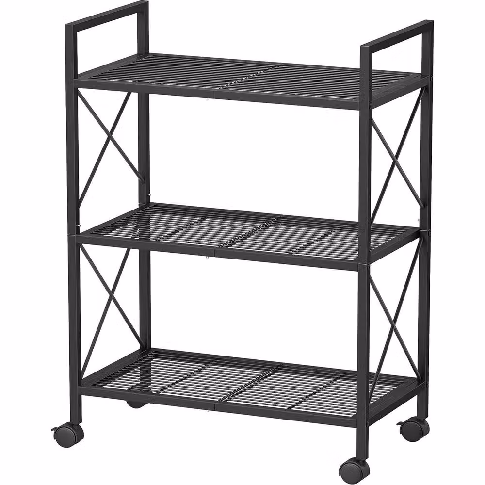 The Bazaarist 3 Tier Mobile Metal Mesh Storage Rack with X Frame in Matt Black – 2