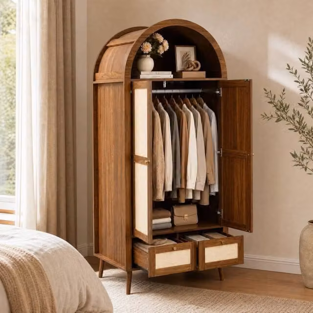 STILVORA Arched Wardrobe with 2 Doors and 2 Drawers in Brown and Beige Walnut Finish – 1