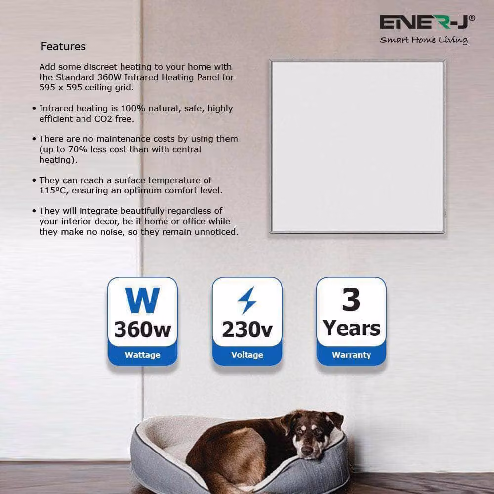 ENER-J 360W Infrared Glass Heater in White with WiFi Thermostat and App Control, W: 60.6 cm, H: 60 cm, D: 4.7 cm – 3