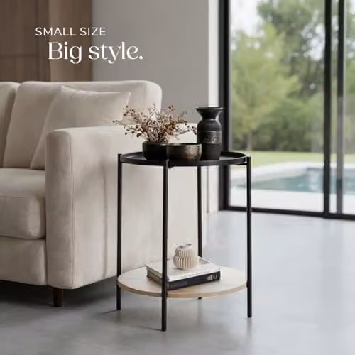 tectake Round Side Table with 2 Shelves and Metal Frame in Oak and Black, Ø 45.5 x H 54.5 cm – 7