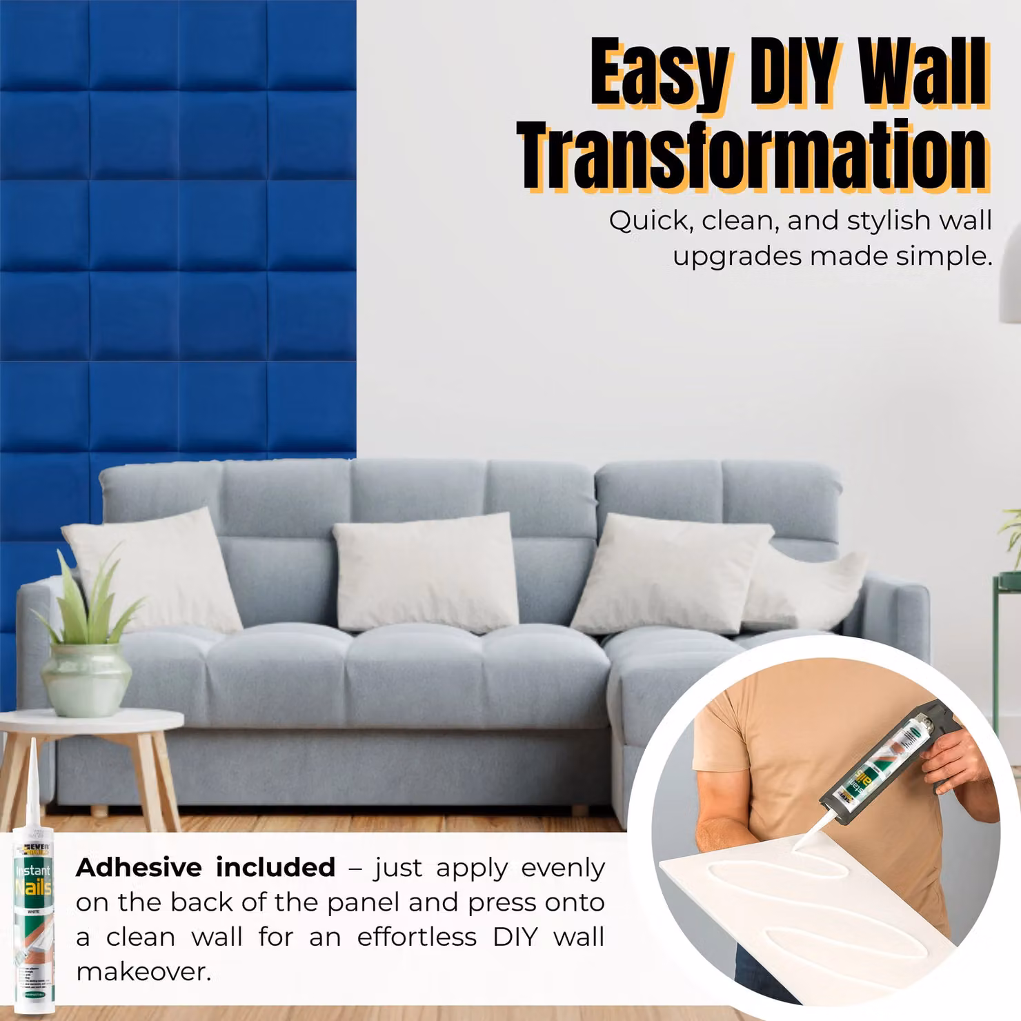 Novecrafto Set of 4 Soft Velvet Upholstered Wall Panels in Blue with Adhesive, W/D/H: 30 x 30 x 3 cm – 8