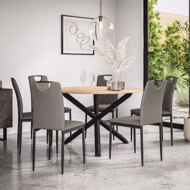 More4Homes Malvern Round Oak Effect Dining Table Set with 6 Grey Monza Chairs and Black Oak Legs