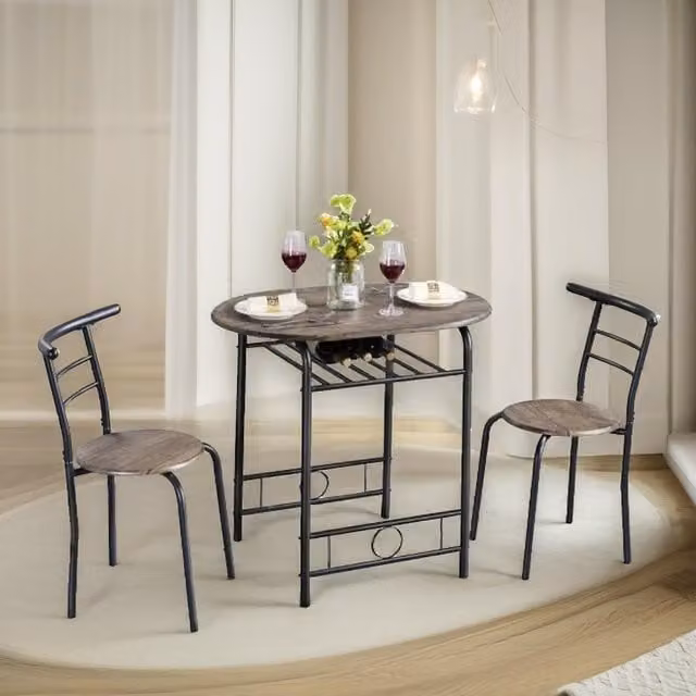 FURNOS Industrial 3-Piece Round Dining Table and 2 Chairs Set in Brown