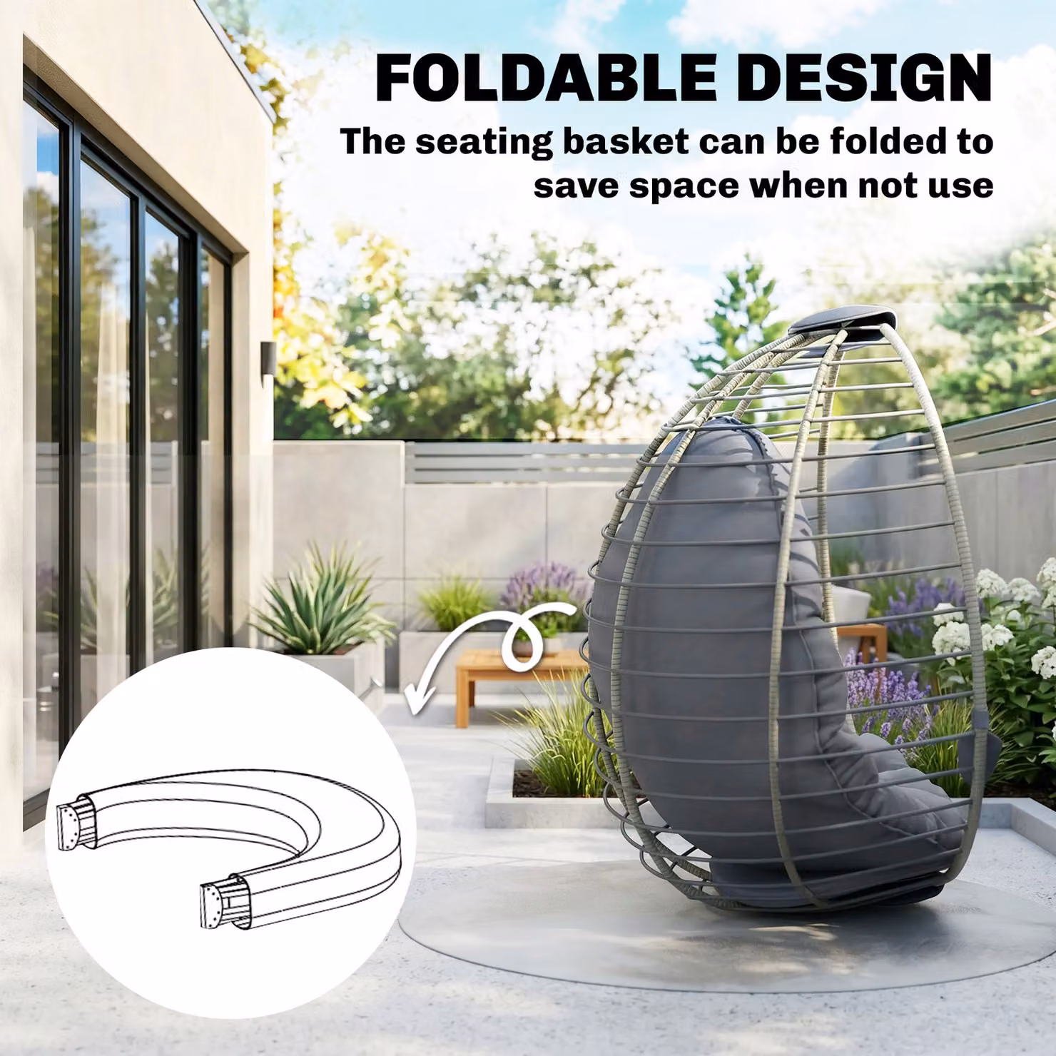 Outsunny PE Rattan Hanging Swing Chair with Metal Stand and Padded Cushion in Grey – 5