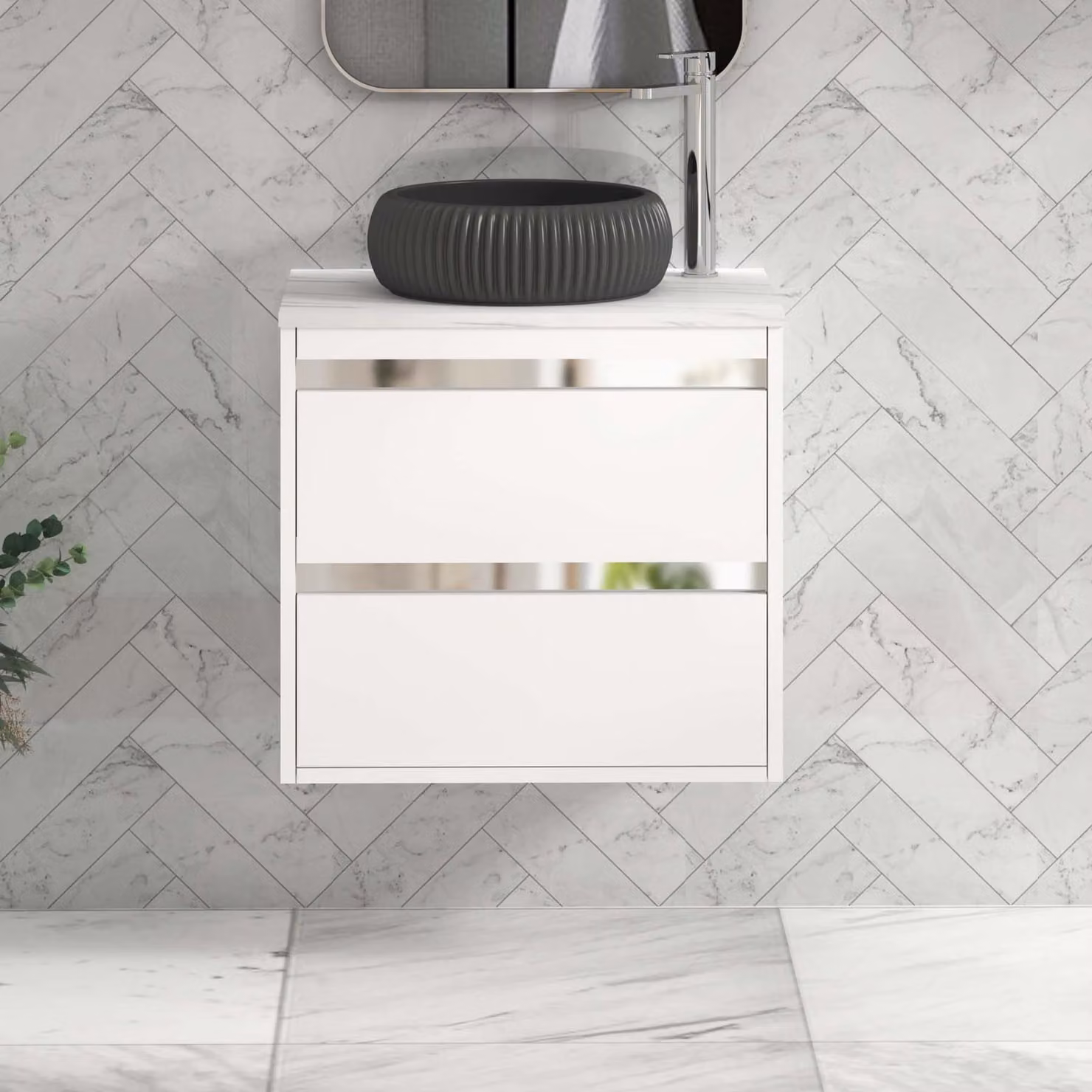 Royal Bathrooms Orion 600mm Matt White Wall Hung Vanity Unit with 2 Drawers, Milan Black Basin and Chrome Accent Trim