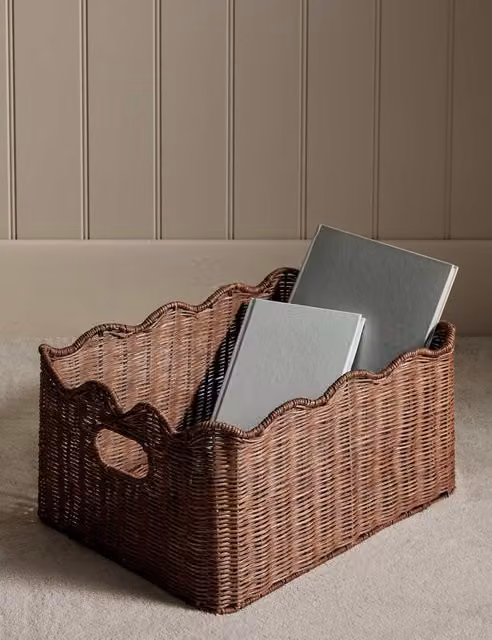 M&S Brown Rattan Scallop Rectangular Open Weave Basket with Handles
