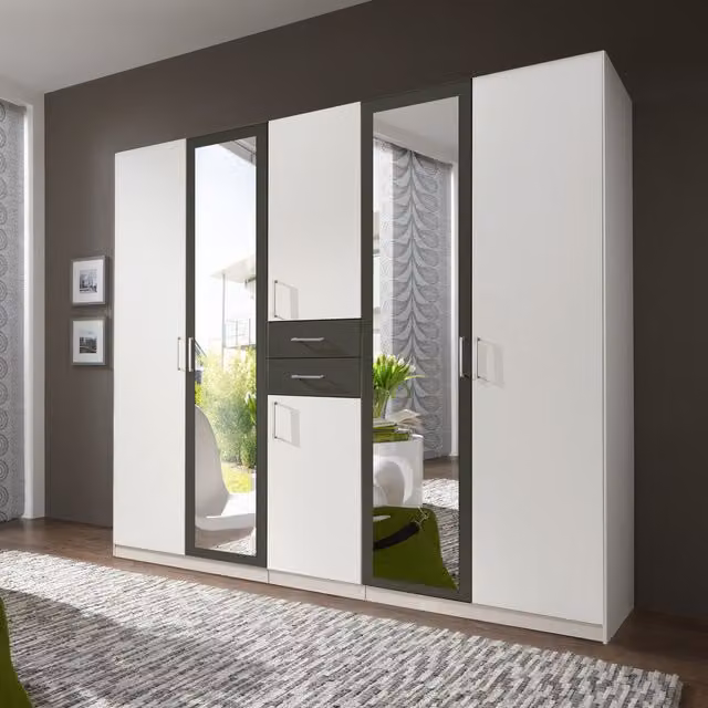 Tjs Diver White 5 Door Wardrobe with Mirror and Internal Shelving