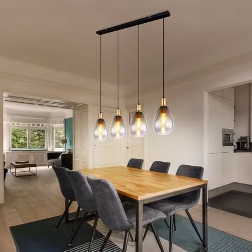 Globo Lighting Smoky Grey Glass Pendant Light with Black and Brass Metal Finish, 4 x E27 Sockets, H x W x D: 120 x 90 x 15 cm – 4